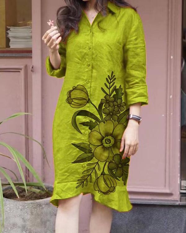 Floral Loose Irregular Long Sleeve Lapel Dress