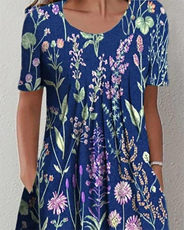 Casual Crew Neck Loose Floral Dress