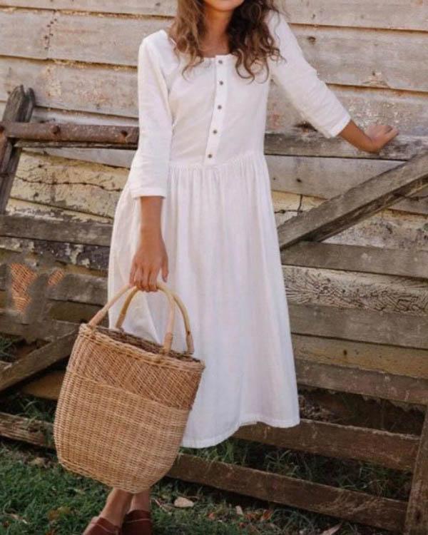 Elegant Button Pure Color Round neck Linen Pleated Dress